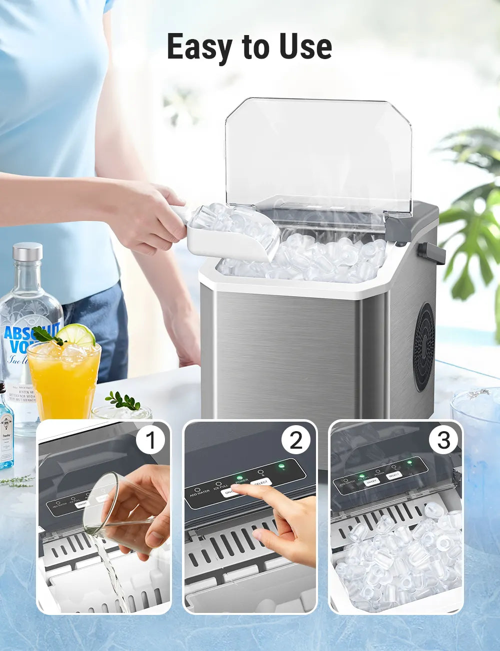 Stainless Steel Countertop Ice Maker Machine with Self-Cleaning